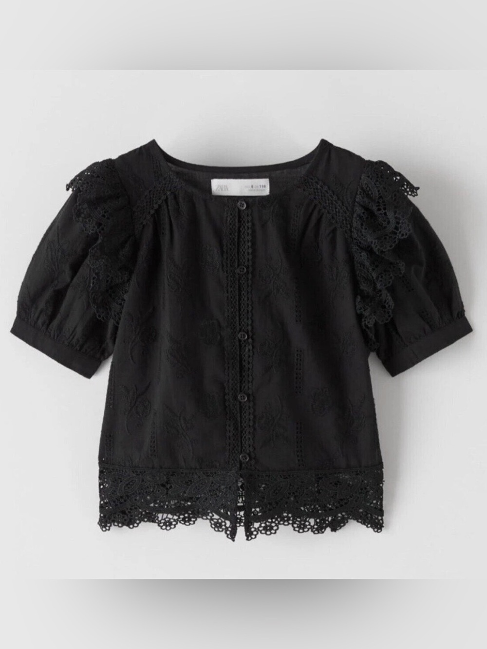 Zara Black Embroidered Lace-Trim Puff Sleeve Blouse 11-12